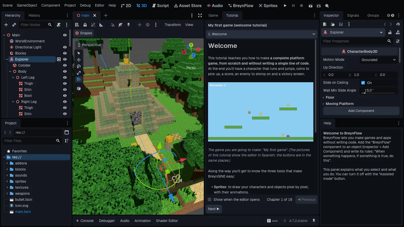 The editor on a computer: the scene, its rules and the tutorial beside it.