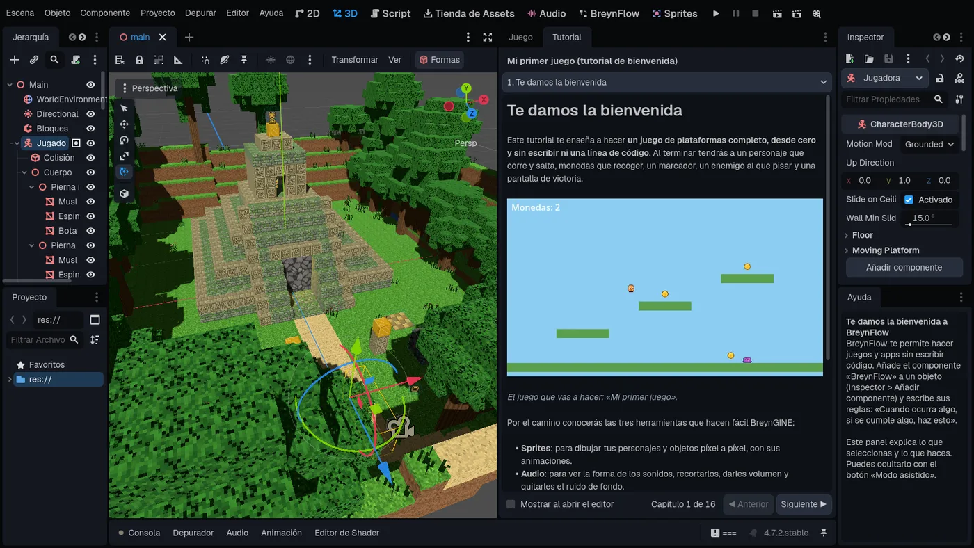 El editor en el ordenador: la escena, sus reglas y el tutorial al lado.