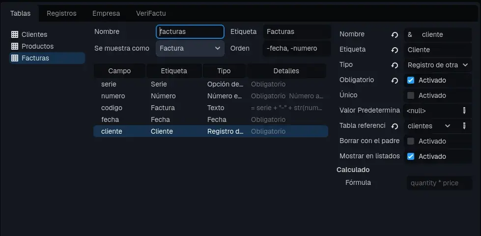 The "cliente" field: a record of the clients table.