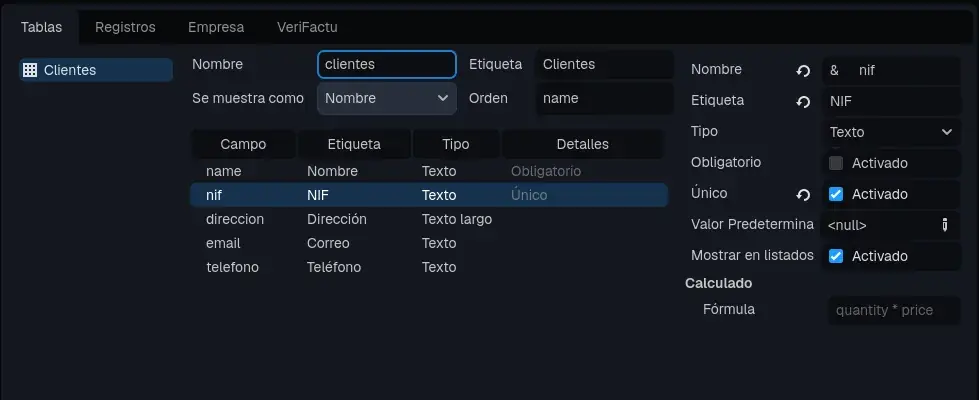 The clients table, with the NIF field selected.