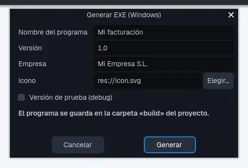 The "Generate EXE (Windows)" window.