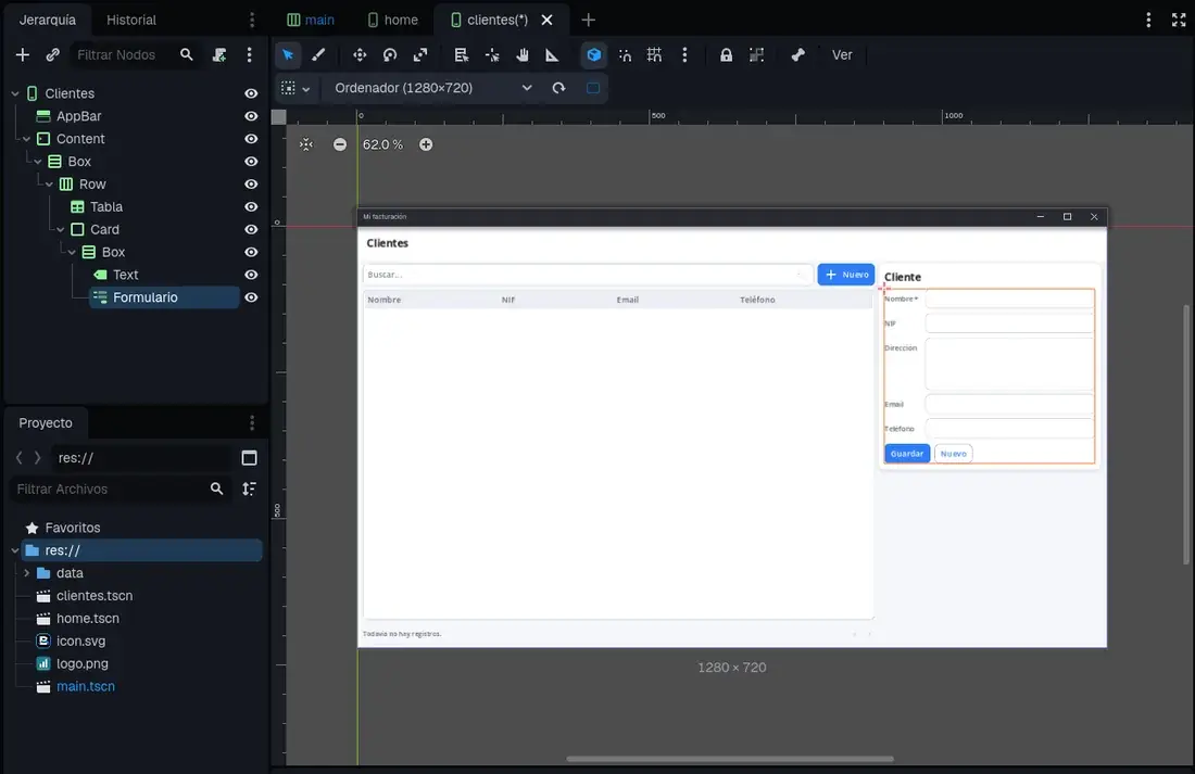 The clients screen: the table and the form, already with the fields you designed.