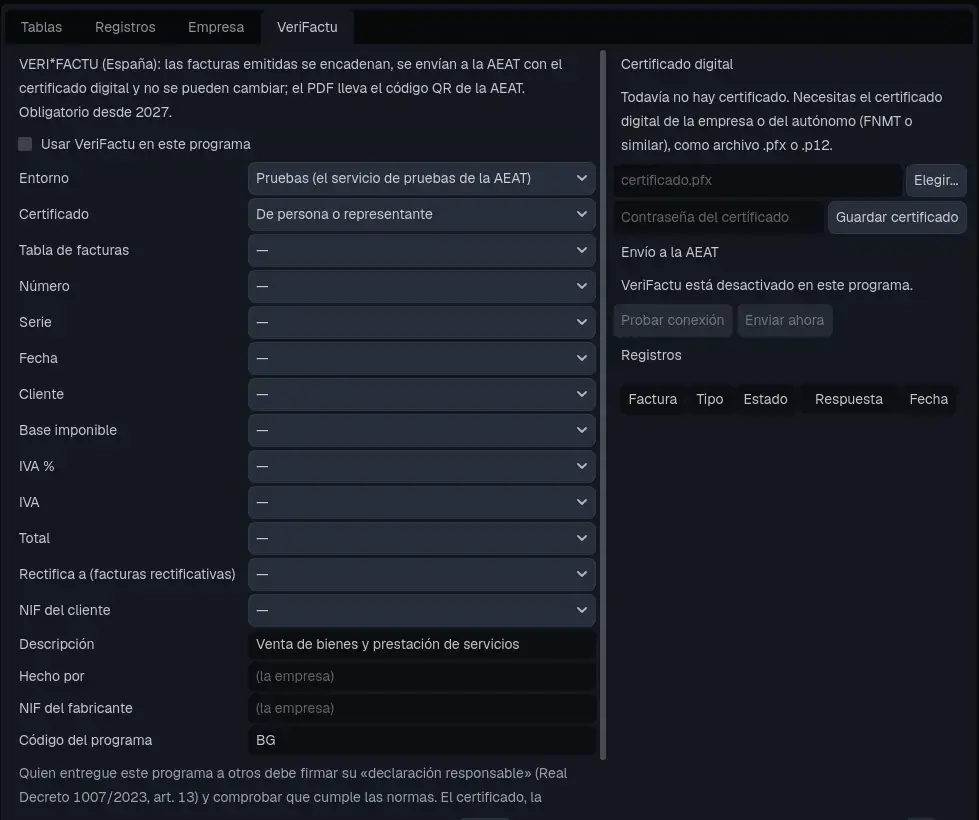 The VeriFactu tab: which fields are the number, the series, the date, the client, the amounts...