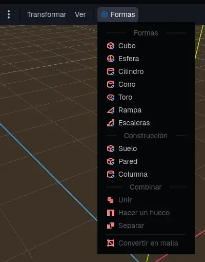 Shapes: cubes, spheres, ramps, stairs, floors, walls... and the tools to combine them.